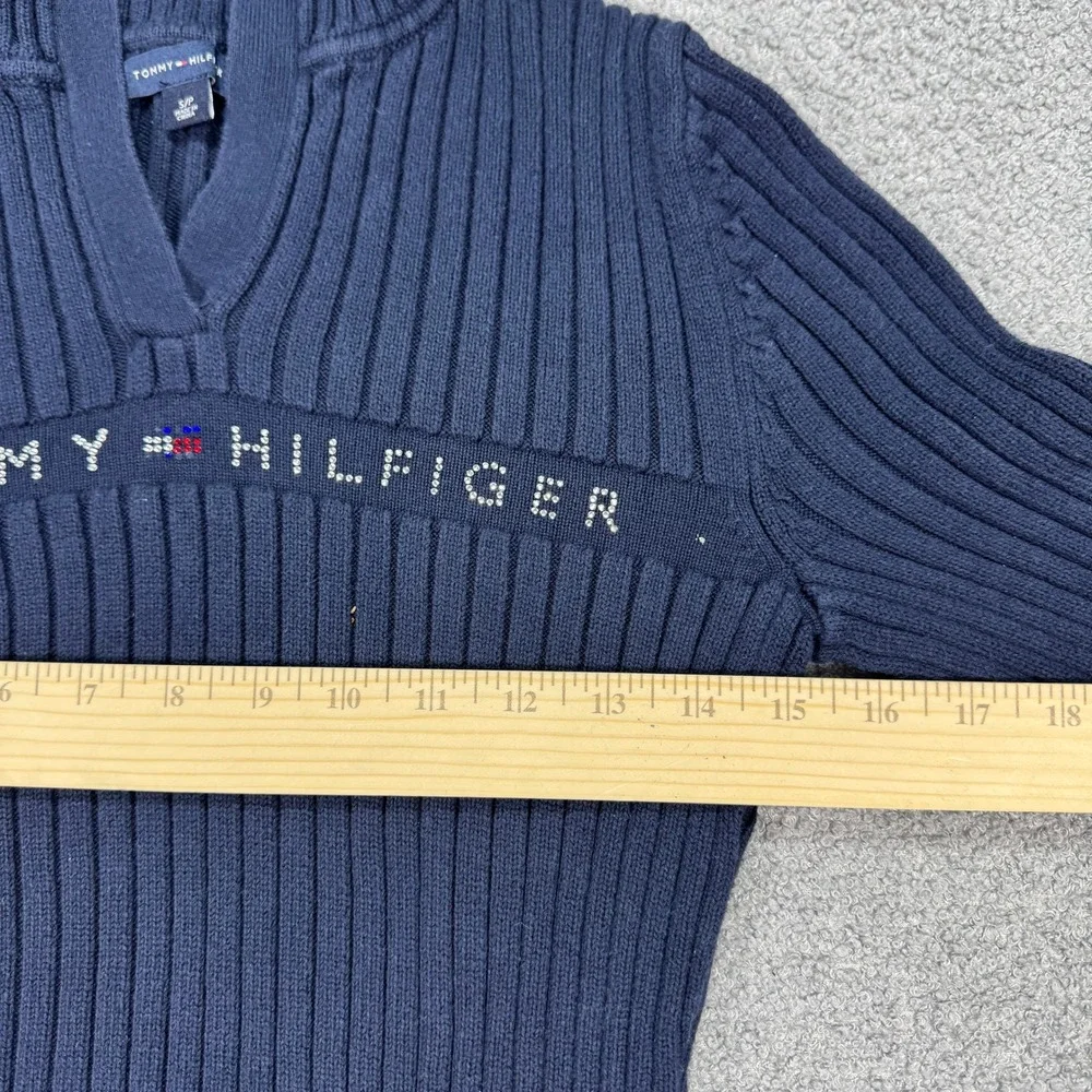 Tommy Hilfiger Sweater Women's Small Navy Blue Knit Ribbed Bling Spell Out Logo - Picture 3 of 6